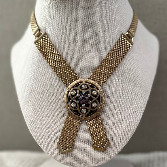 Vintage Gold Tone Mesh Rhinestone Choker Necklace - Picture 1 of 11